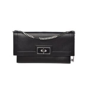 Givenchy Shark Black Grained Leather Clutch w/ Silver-tone Chain Detail & Strap